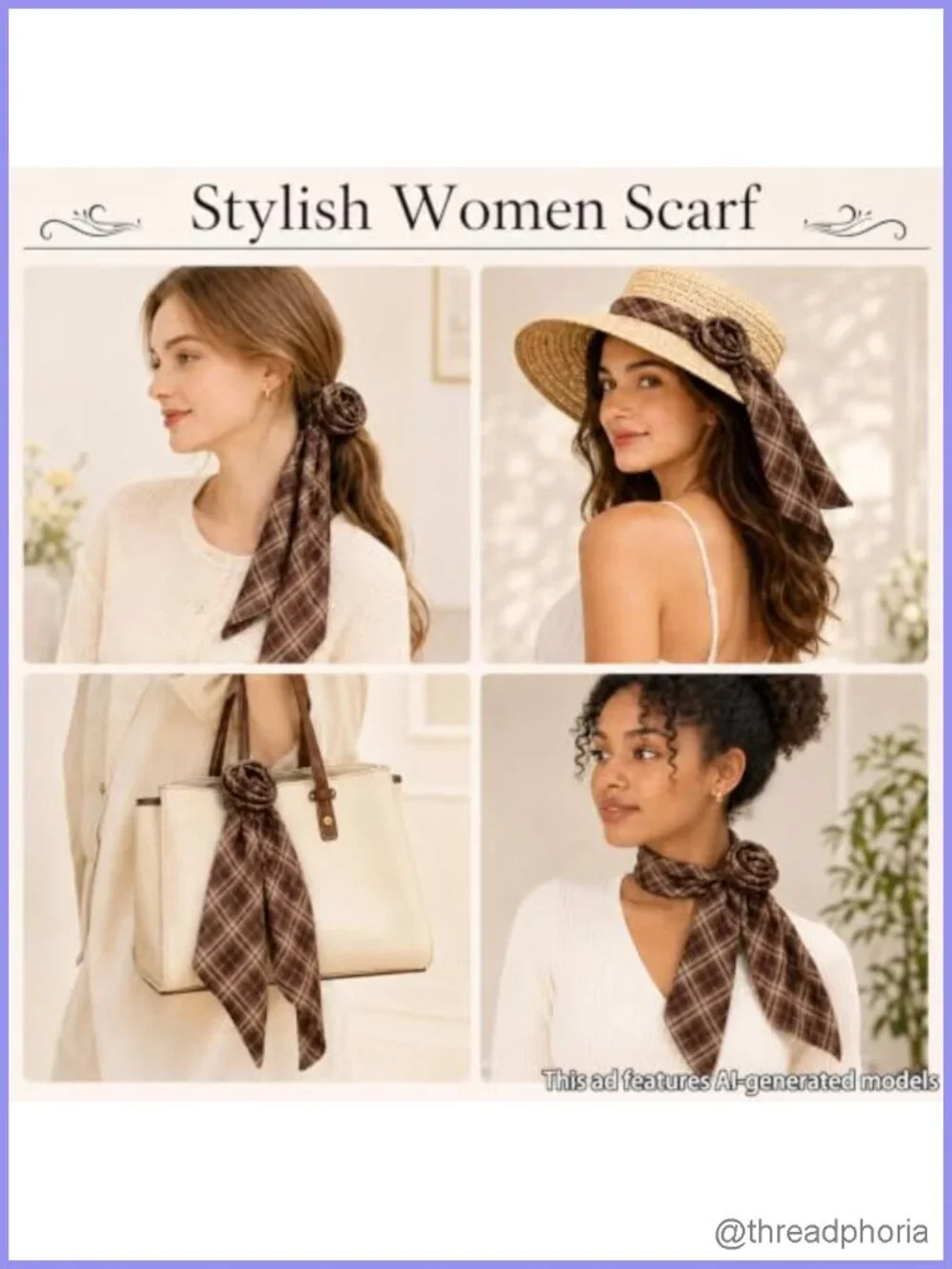 Plaid Chiffon Skinny Scarf with Rose Clip for Women